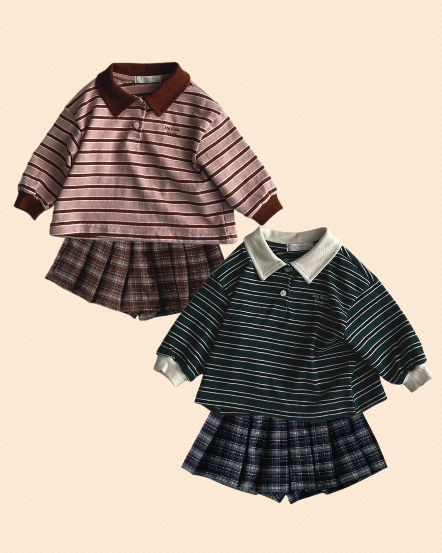 校園風長袖T配格仔裙褲